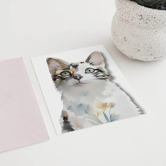 Watercolor Cat With Flowers Portrait Wall Art Illustration Print Poster Unframed - Picture 5 of 6
